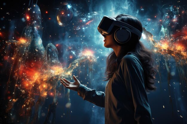 Chica con auriculares de realidad virtual Gafas VR tecnología de innovación IA generativa