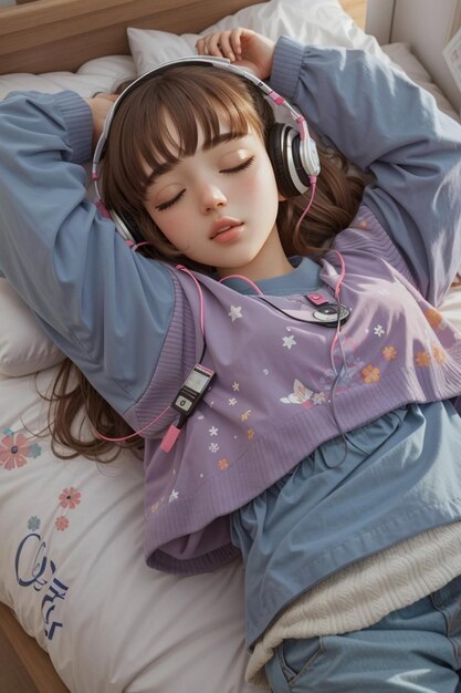 una chica con auriculares recostada en una cama con un estampado de flores.