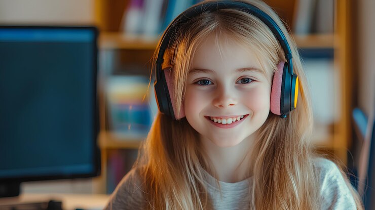 una chica con auriculares y una sonrisa en la cara