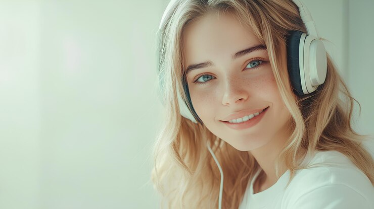 una chica con auriculares y una sonrisa