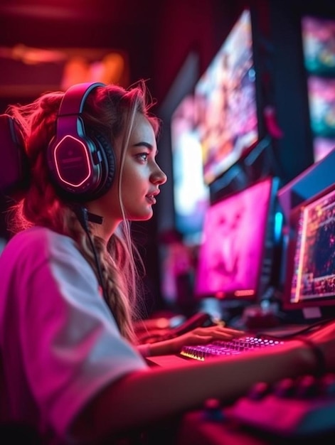 Una chica con auriculares y un teclado con el juego de palabras en él.