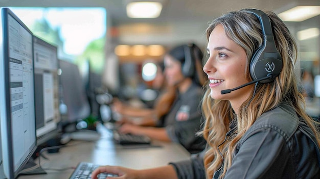 Una chica con auriculares y trabajando en la pantalla de la computadora