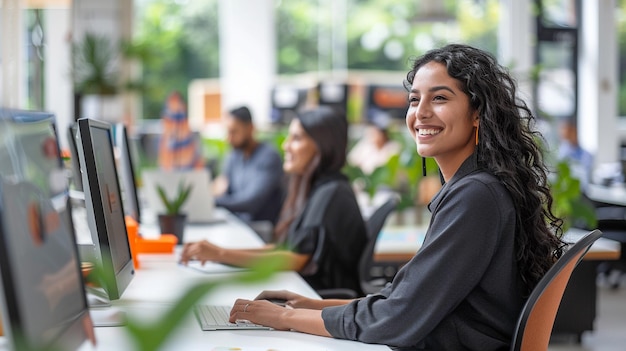 Una chica con auriculares y trabajando en la pantalla de la computadora