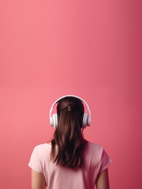 Chica con auriculares vista desde atrás sobre un fondo rosa Ai generativo