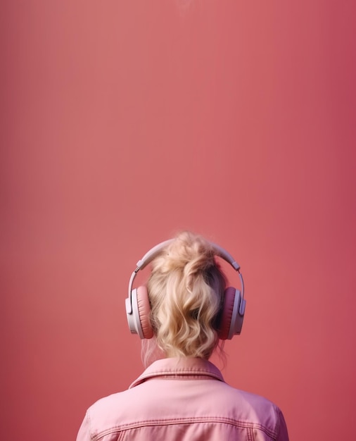 Chica con auriculares vista desde atrás sobre un fondo rosa Ai generativo