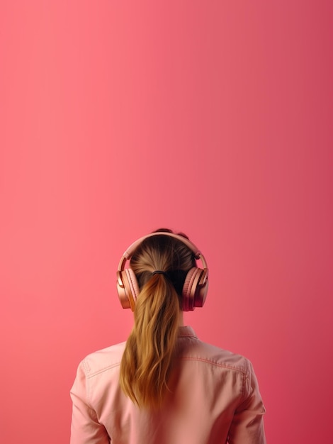 Chica con auriculares vista desde atrás sobre un fondo rosa Ai generativo