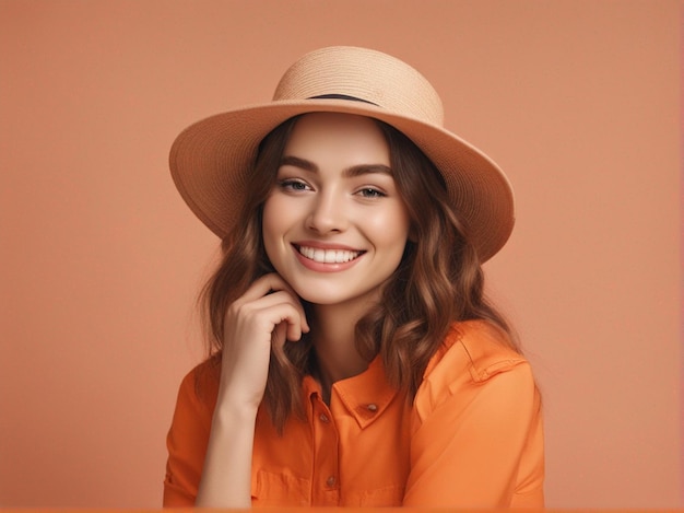 Una chica australiana con ropa de moda de color naranja brillante y sombrero redondo