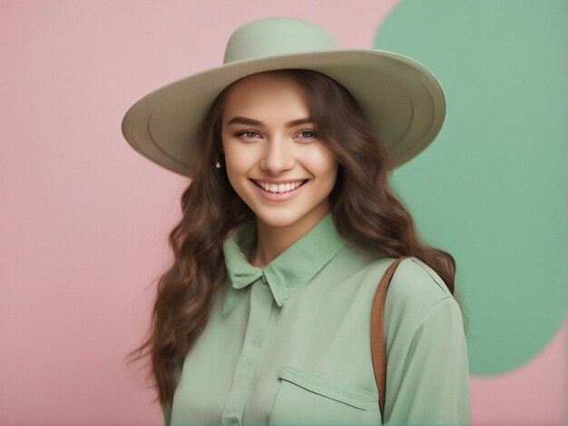 Una chica australiana con ropa de moda de color verde pantone y sombrero redondo