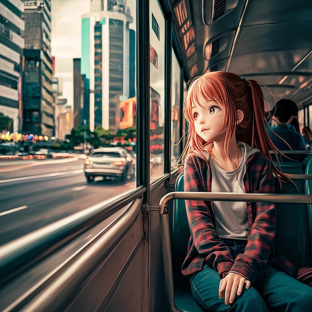 una chica en un autobús con un cabello rojo en la parte delantera ai generado