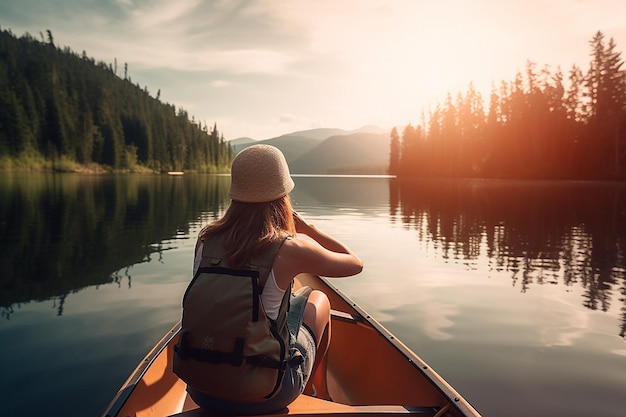 una chica aventurera haciendo kayak en una pista del lago en un día soleado de verano haciendo sus actividades favoritas de verano