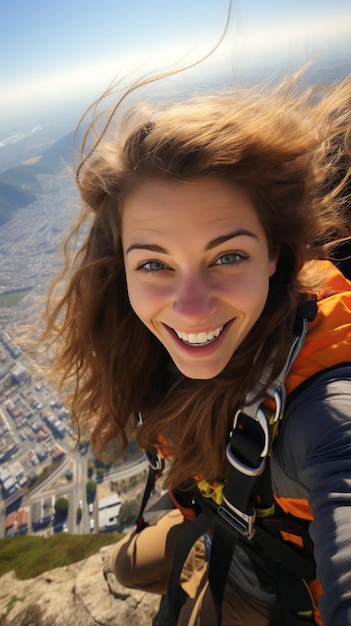 Chica aventurera de parapente de 19 años disfrutando de la IA generativa