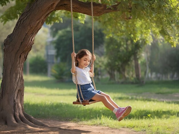 Foto una chica se balancea en un columpio bajo un árbol