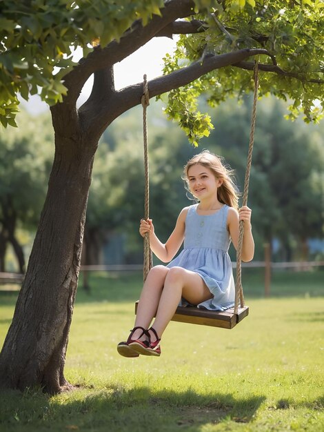 Foto una chica se balancea en un columpio bajo un árbol