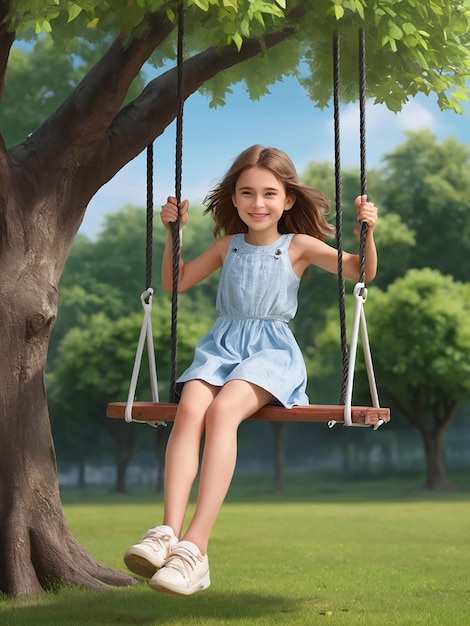 Foto una chica se balancea en un columpio bajo un árbol