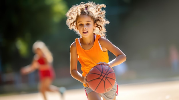 Una chica con baloncesto en la cancha en la temporada de verano