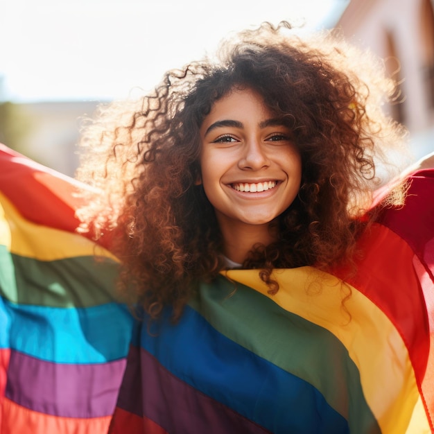 Chica con bandera del arco iris Concepto del mes del orgullo Ilustración AI GenerativexA