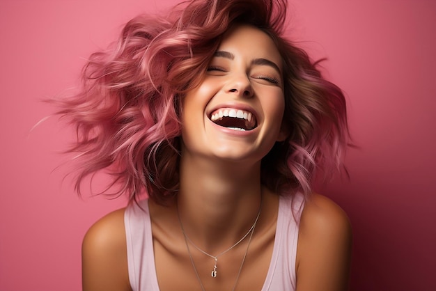 Chica barbie con cabello rosado riendo con fondo rosa ai generativo