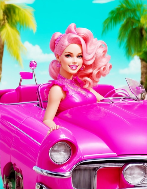 Chica Barbie con un coche descapotable de color rosa vibrante