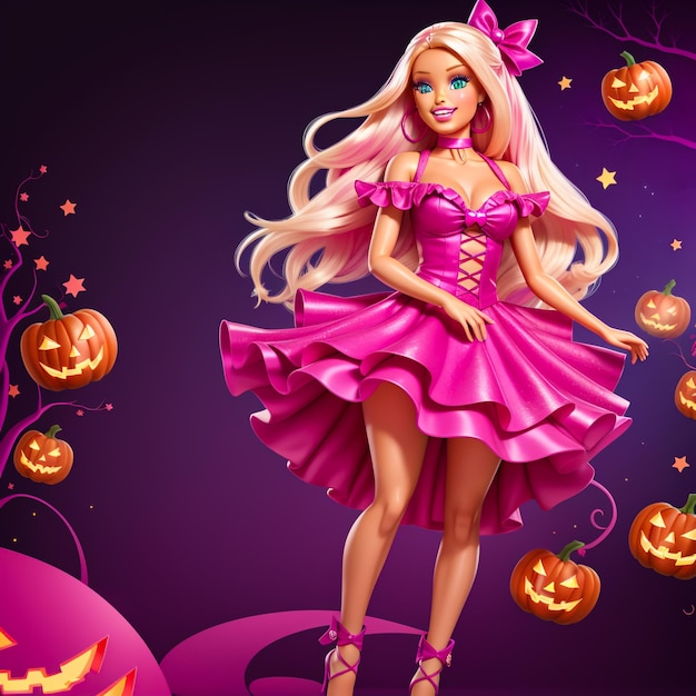 Una chica Barbie increíblemente linda con un vestido colorido en Halloween