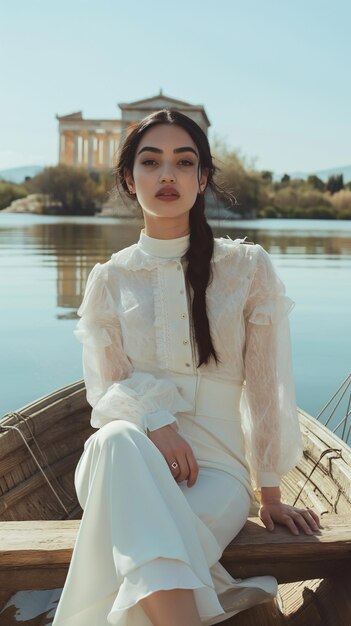 Foto una chica en un barco con una ciudad en el fondo