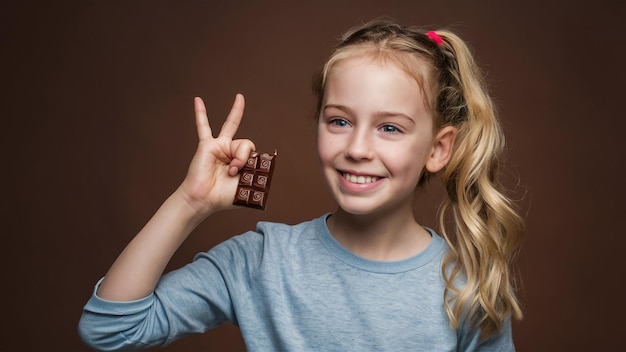 una chica con una barra de chocolate en la mano