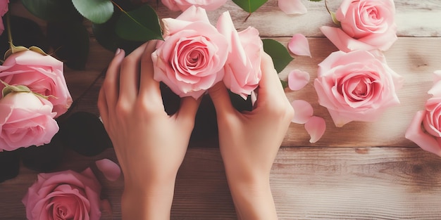 Chica de belleza con flores rosas cosmética natural para el cuidado de la piel de las manos