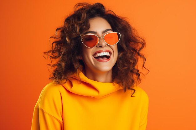 Chica de belleza con trajes brillantes sonriendo y riendo gafas de sol sobre un fondo naranja vibrante