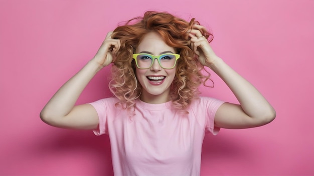 Una chica blanca emocionada con gafas brillantes y elegantes posando en rosa