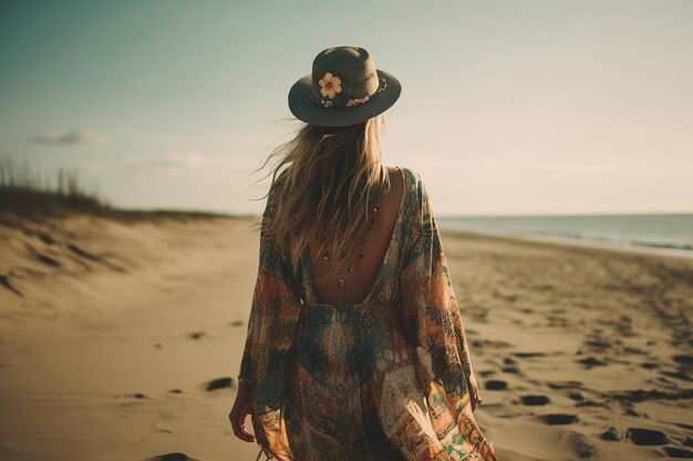 Una chica boho caminando en una playa de arena rodeada por el océano y vistas impresionantes de los acantilados vista trasera