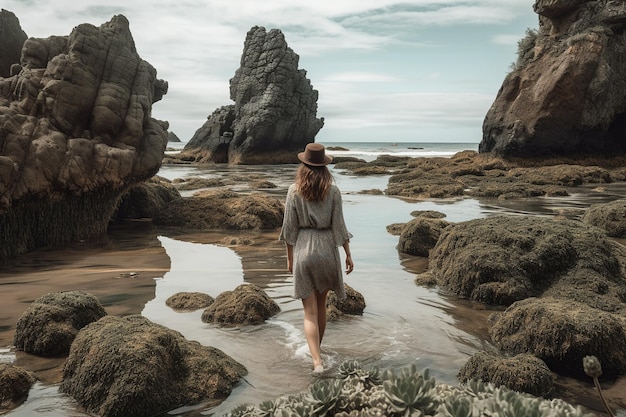 Chica boho caminando en una playa rocosa con montones de mar y piscinas de marea vista trasera