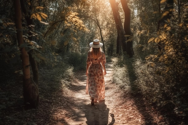 Chica boho caminando por un sendero sombreado con luz solar moteada filtrándose a través de la vista trasera de los árboles