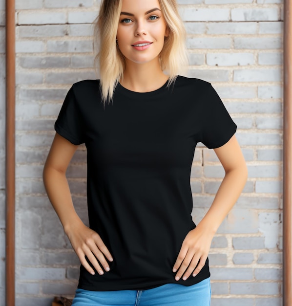 Chica boho hipster con una maqueta de camiseta negra en blanco y pantalones vaqueros posando contra la pared de la calle