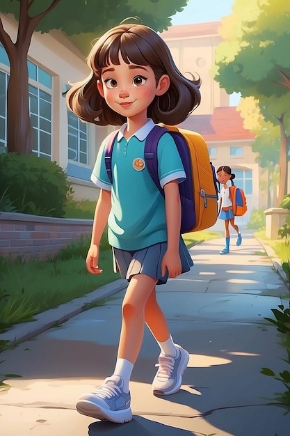 La chica con el bolso de la escuela caminando