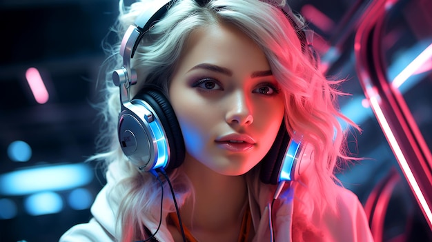 Una chica bonita con auriculares futuristas