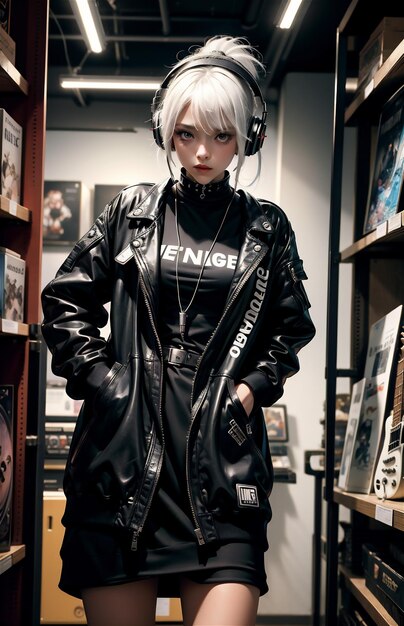 Chica bonita con cabello colorido en ropa de cuero negra y auriculares de pie en una tienda de juegos