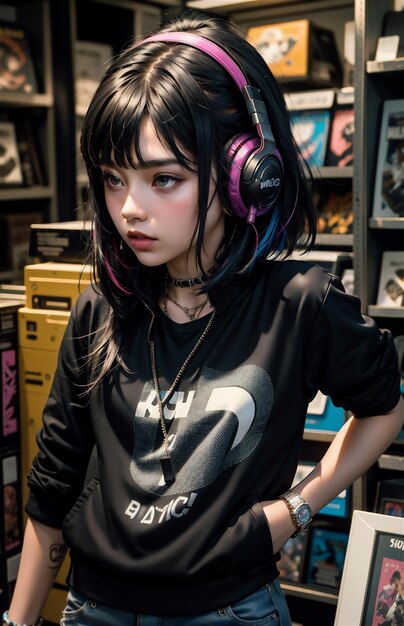 Chica bonita con cabello colorido en ropa de cuero negra y auriculares de pie en una tienda de juegos