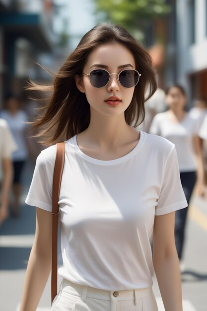 Una chica bonita con camisa blanca y pantalones gafas de sol está caminando por la calle soleada