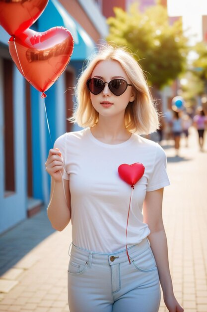 Una chica bonita en camisa y vaqueros está usando un globo de corazón y de pie en la calle soleada