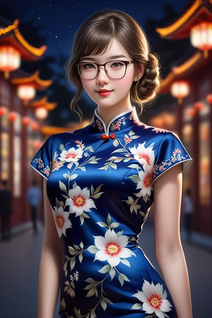 Una chica bonita con un cheongsam y gafas por la noche en el stye de dibujos animados