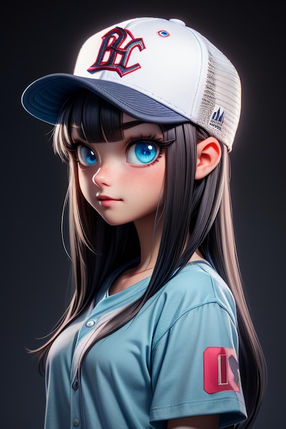 Chica bonita de dibujos animados con ojos grandes azules que lleva un sombrero y una camiseta de manga corta personaje de anime genial