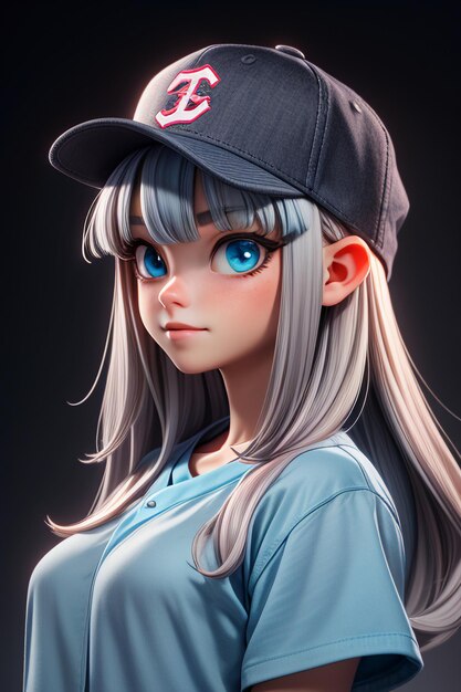 Chica bonita de dibujos animados con ojos grandes azules que lleva un sombrero y una camiseta de manga corta personaje de anime genial