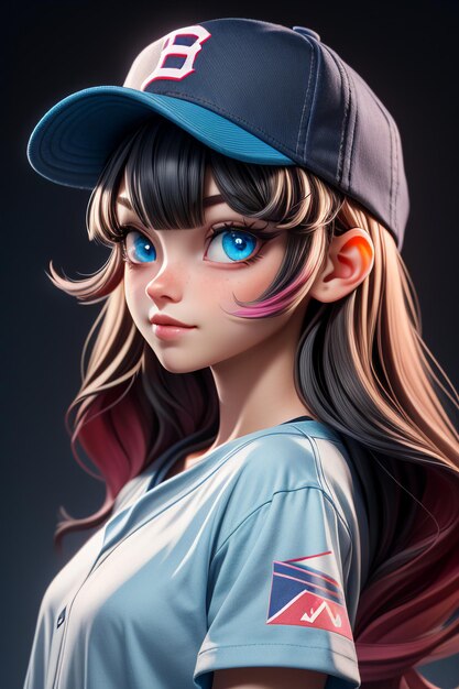 Chica bonita de dibujos animados con ojos grandes azules que lleva un sombrero y una camiseta de manga corta personaje de anime genial