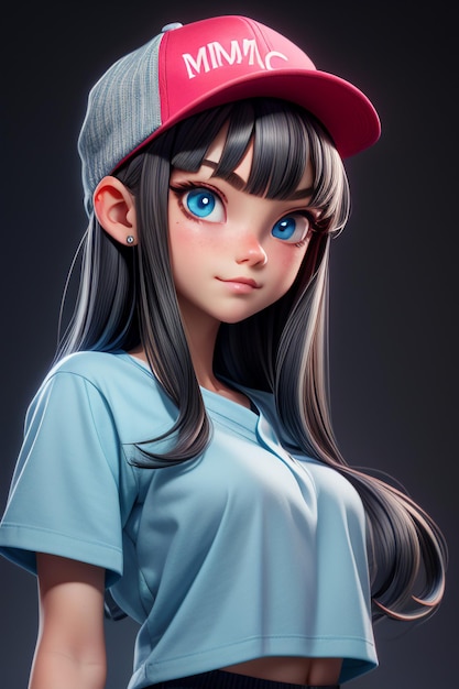 Foto chica bonita de dibujos animados con ojos grandes azules que lleva un sombrero y una camiseta de manga corta personaje de anime genial