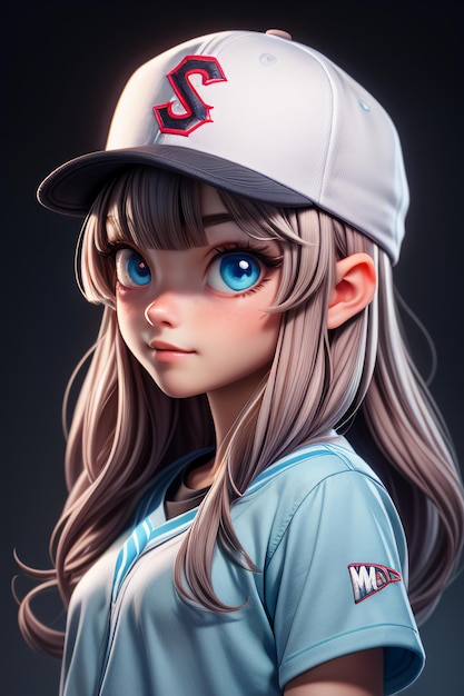 Foto chica bonita de dibujos animados con ojos grandes azules que lleva un sombrero y una camiseta de manga corta personaje de anime genial