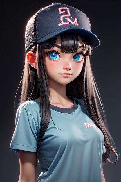 Chica bonita de dibujos animados con ojos grandes azules que lleva un sombrero y una camiseta de manga corta personaje de anime genial