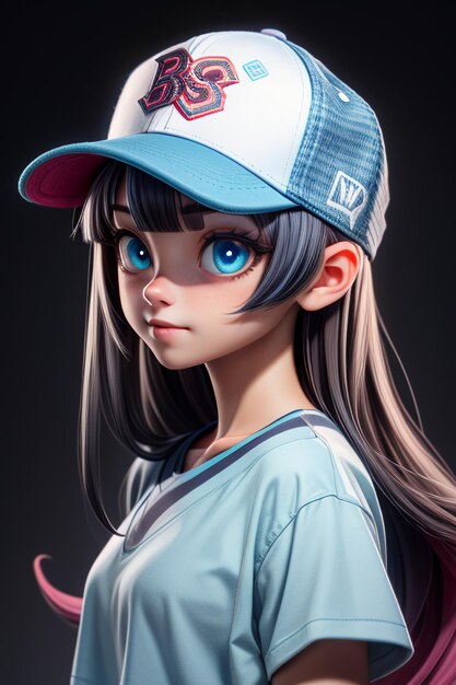 Chica bonita de dibujos animados con ojos grandes azules que lleva un sombrero y una camiseta de manga corta personaje de anime genial