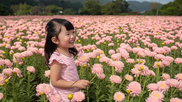 Una chica bonita disfrutando en un campo de crisantemos en Chiang Mai, Tailandia