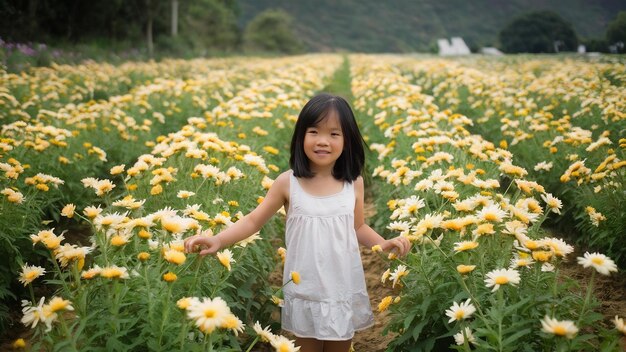 Foto una chica bonita disfrutando en un campo de crisantemos en chiang mai, tailandia