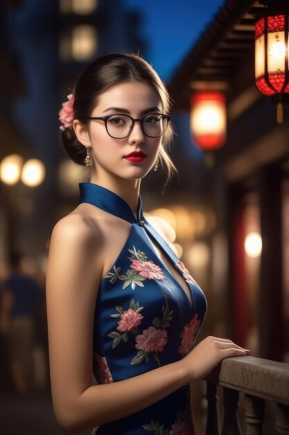 Una chica bonita está usando Cheongsam en el fondo de la ciudad de medianoche