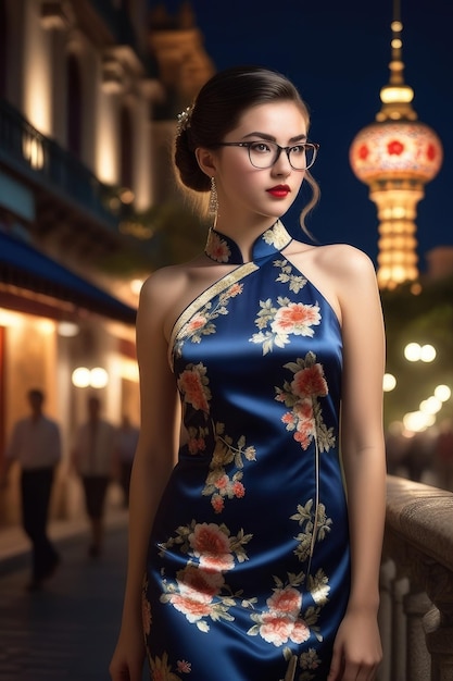 Una chica bonita está usando Cheongsam en el fondo de la ciudad de medianoche